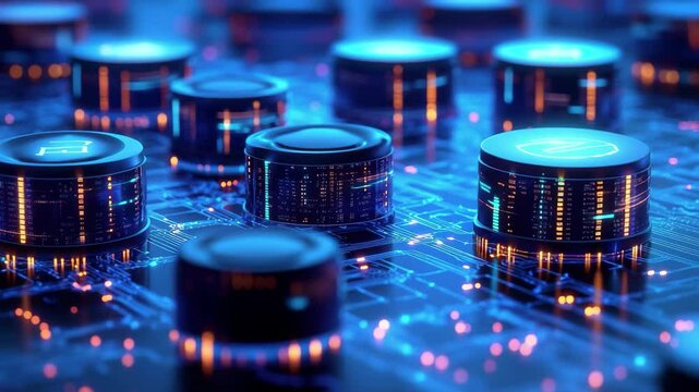 Data processing and media icons on a blue digital background highlighting technology and connectivity, data processing and media icons on blue background