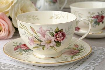 Fototapeta premium Elegant floral teacup and saucer featuring pink lilies and roses on a cream colored background