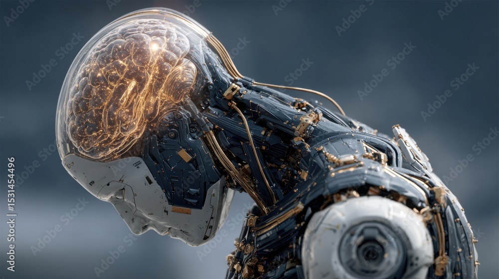 Poster a humanoid robot features a sophisticated exposed brain structure, highlighting intricate wiring and