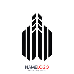 Real estate logo concept illustrating business growth with a 3D building, financial charts, and city architecture