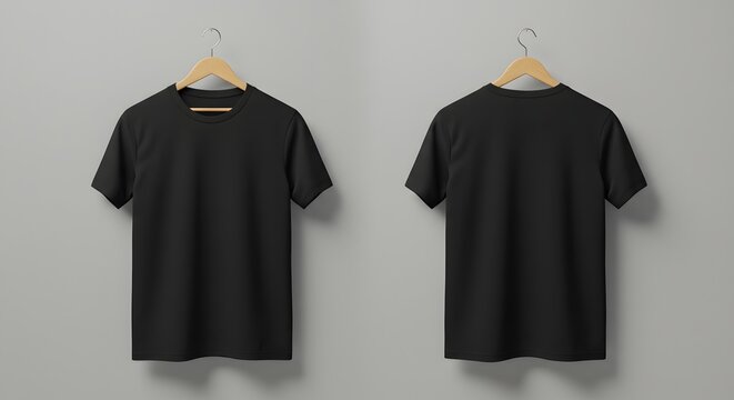 Two Black T-Shirts Hanging on Wooden Hangers Front and Back Views