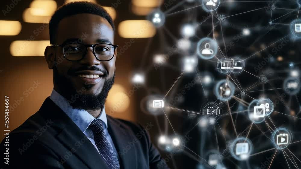 Poster connecting ideas with a diverse professional network illuminated by technology, network of connectio