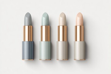 Obraz premium Four tinted lip balms in muted pastel shades, displayed in a row on a white surface. Gold accents highlight the cylindrical containers