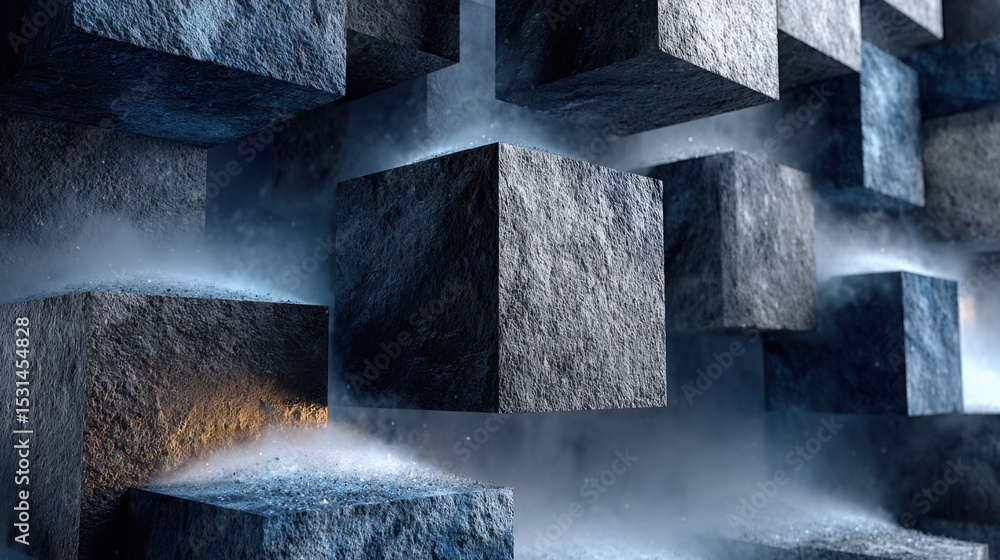 Poster a collection of hovering stone blocks creates an otherworldly atmosphere, surrounded by a light mist