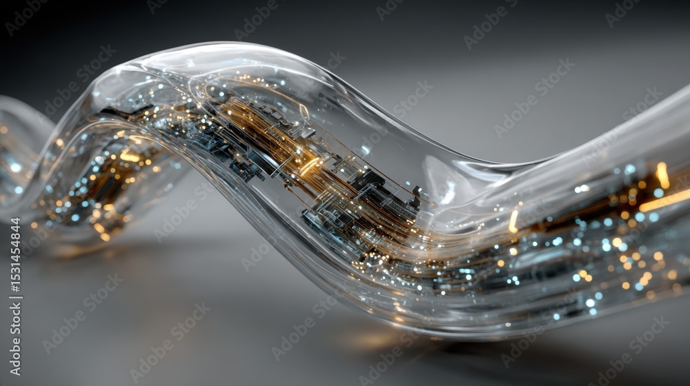 Poster a stunning translucent sculpture features intricate circuitry and soft lights within a flowing wave-