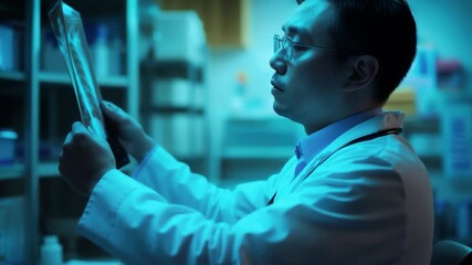 Asian male doctor analyzing financial data related to patient health in a clinical environment, financial data processing over asian male doctor holding x-ray scan - Powered by Adobe