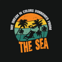 Retro Beach Sunset T-Shirt Design with Palm Trees and Quote
