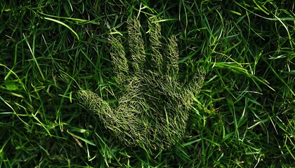 Handprint on a green grass. Conceptual image of a child.