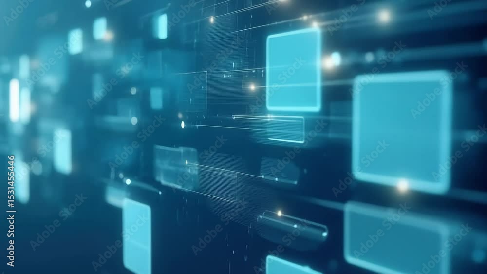 Poster data processing and media representation in a digital environment with a blue backdrop, data process