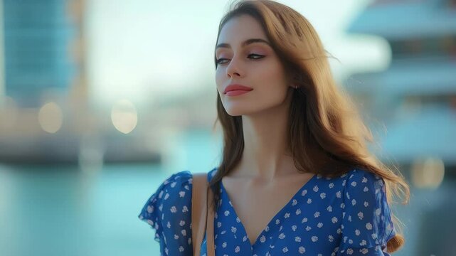 Girl in a blue dress enjoys the view at the pier during a sunny day by the water, Attractive girl in a blue dress at the pier in the city, video 6k