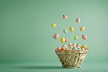 Colorful Easter eggs falling into a wicker basket against a mint green background
