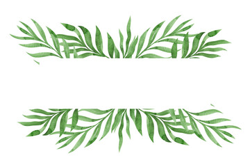 Watercolor green leaves branches illustration frame isolated on white background. Floral elements for print, cards, design, invitation. Hand painted horizontal.