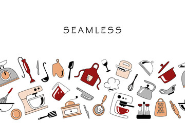 Cooking seamless Pattern. Hand Drawn kitchen tools. Kitchen utensils and appliances for poster, fabric, packaging, menu, background, print. Clipart. Vector illustration