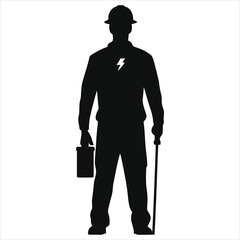 (Electricians) Vector Silhouette of a professional electrician against a plain background/A clean, professional silhouette of an electrician, holding a tool box and a walking cane