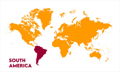 South America continent map-05, Map of South America, highlighted on the world map, South America on the world map, Satellite view, South America's location on the globe.