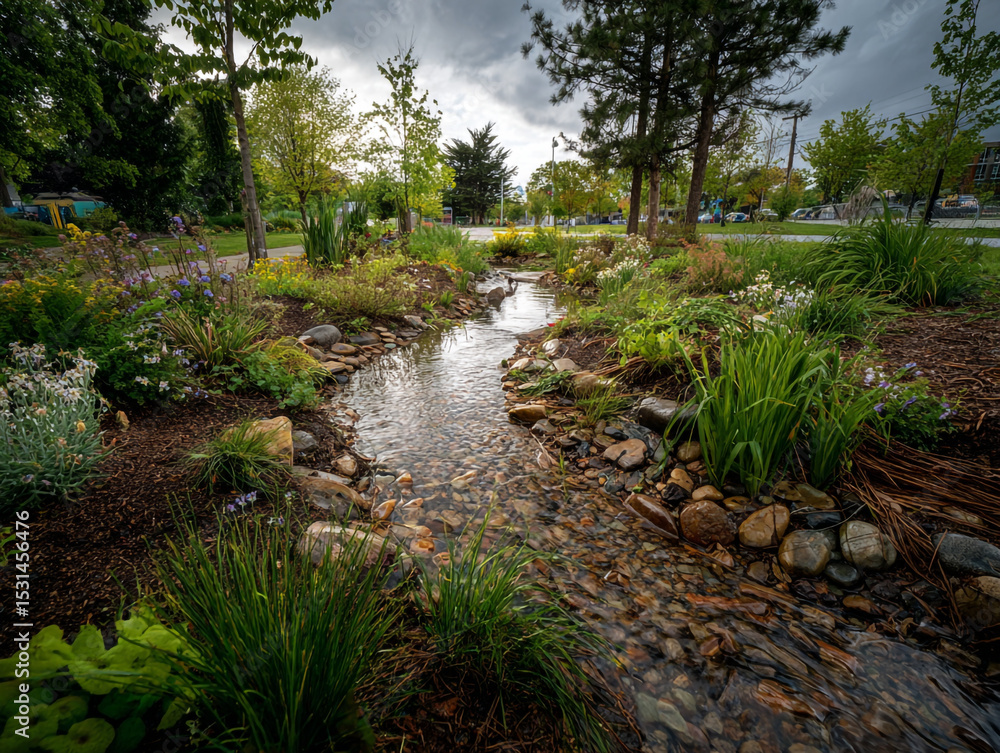 Aufkleber a scenic view of a small stream flowing through a lush garden with trees and cloudy skies above it a