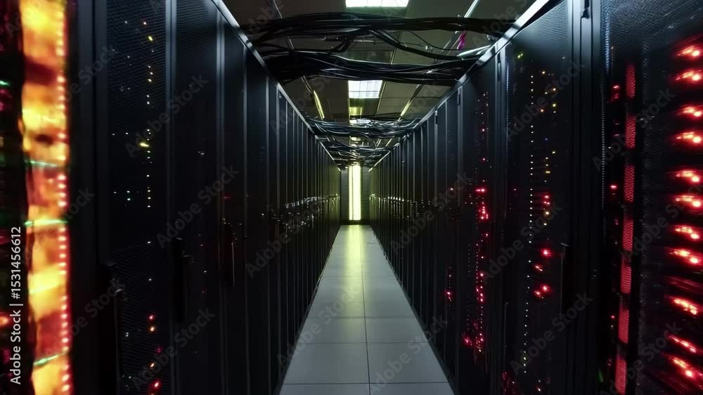 Poster data center hallway showcasing digital processing and data protection technologies, data protections