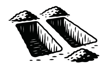 Black and White Vector Illustration of Two Open Graves with Piles of Dirt