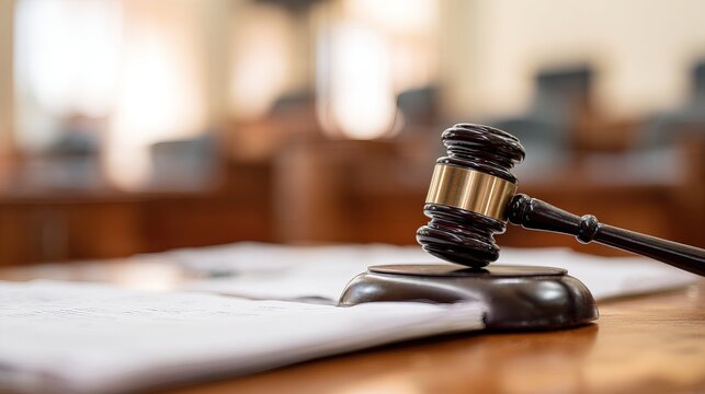 Close-up of Gavel on Legal Documents with Blurred Courtroom Background, Symbolizing Copyright Dispute Resolution