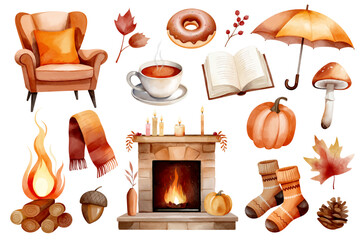 Watercolor cozy autumn set with tea, socks, pumpkin, book, chair, leaves, scarf and fireplace. Hand drawn illustration