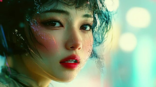High fashion portrait featuring vibrant data mosh distortion and surreal pixel sorting techniques, 4K Highly Stylized Data Mosh Distortion, Pixel Sorting and Static Noise Seamless ing