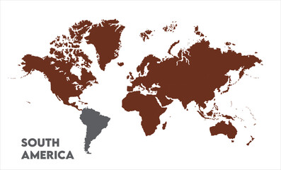 South America outline in global map-13, Map of South America, highlighted on the world map, South America on the world map, Satellite view, South America's location on the globe.