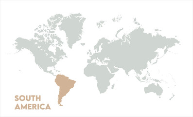Vector world map with South America-02, Map of South America, highlighted on the world map, South America on the world map, Satellite view, South America's location on the globe.