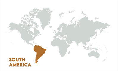 Vector world map with South America-09, Map of South America, highlighted on the world map, South America on the world map, Satellite view, South America's location on the globe.