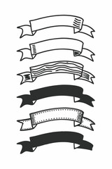 Hand-Drawn Ribbon Banners and Labels Outline Collection. Classic, Award, Old Style, Border, Frame, and Design Elements. Black and White.
