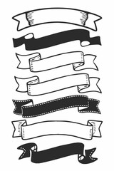 Vintage Decorative Ribbons Set. Banner, Scroll, Text Box, Retro, Engraving, Calligraphy, and More. Outline Vector Icon.