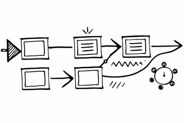 Hand-Drawn Process Flow Diagram. Internet of Things (IoT), Workflow, Data Stream, Automation, System, Steps, and More. Sketch Vector Icon.