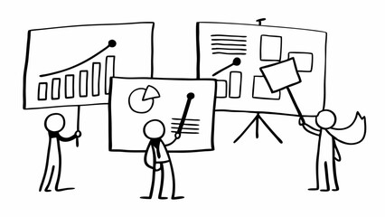 Sketchy Team Collaboration and Reporting Outline Illustration. Participatory Organization Development, Growth, Progress, and Information Elements. Black and White.