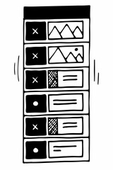 Sketchy Digital Design and User Interface Outline Illustration. Development, Programming, Mobile App, Banner, Image Gallery, and Text Elements. Black and White.