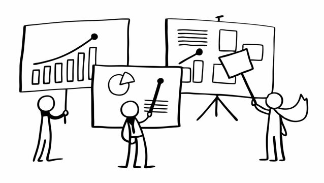 Sketchy Team Collaboration and Reporting Outline Illustration. Participatory Organization Development, Growth, Progress, and Information Elements. Black and White.
