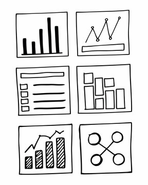 Doodle Style Marketing and Economy Outline Illustration. Sales, Revenue, Analytics, Presentation, Information, and Progress Elements. Black and White Sketch