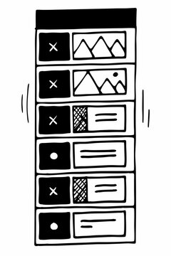 Sketchy Digital Design and User Interface Outline Illustration. Development, Programming, Mobile App, Banner, Image Gallery, and Text Elements. Black and White.