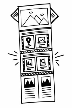 Hand-Drawn Website Layout Design. Doodle, Sketch, Web Page, UI UX, Wireframe, Responsive, Content, and More. Outline Vector Icon.