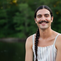 close up of a confident and handsome queer with mustache and long braid in retro white dress posing like  in a serene background