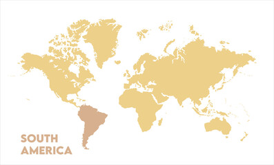 World map with South America focus-02, Map of South America, highlighted on the world map, South America on the world map, Satellite view, South America's location on the globe.