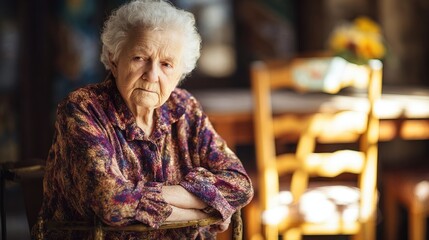 Elderly woman with confused expression sitting alone in empty room, empty chair symbolizing loneliness and memory loss, aging and dementia care concept.