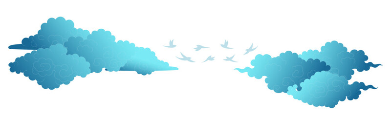 Qixi Festival magpie bridge, flying birds, fluffy clouds illustration, isolated vector. Hand drawn flat style design. Traditional Chinese holiday clip art element. China Valentines Day