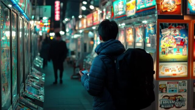 Brightly lit Japanese pachinko shop bustling with players and colorful machines during the evening hours, Japanese pachinko shop