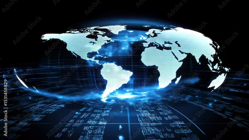 Poster Digital data processing visualized over a globe and world map highlighting global connectivity, digital data processing over world map and globe on black background