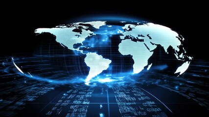 Digital data processing visualized over a globe and world map highlighting global connectivity, digital data processing over world map and globe on black background - Powered by Adobe