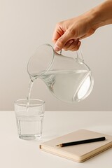 Verre d’eau fraîche versé sur bureau minimaliste
