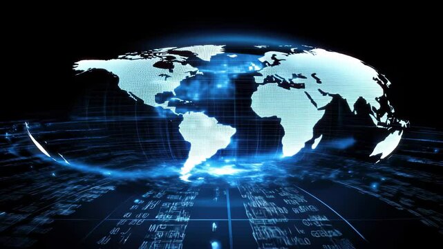Digital data processing visualized over a globe and world map highlighting global connectivity, digital data processing over world map and globe on black background - Powered by Adobe