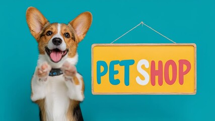 Smiling corgi dog standing with paws up next to colorful pet shop sign on bright turquoise background