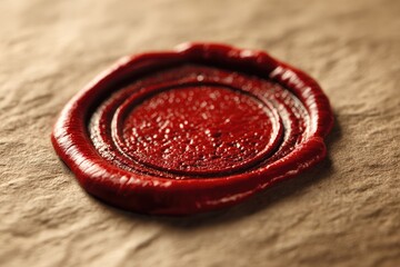 Close-up of a red wax seal on aged paper