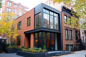 Naklejka premium Modern architectural design of a brick house contrasted with traditional buildings in an urban neighborhood during autumn afternoon