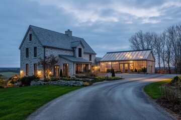 Naklejka premium A contemporary stone house is beautifully illuminated during twilight, set against a tranquil countryside backdrop, complete with a spacious greenhouse